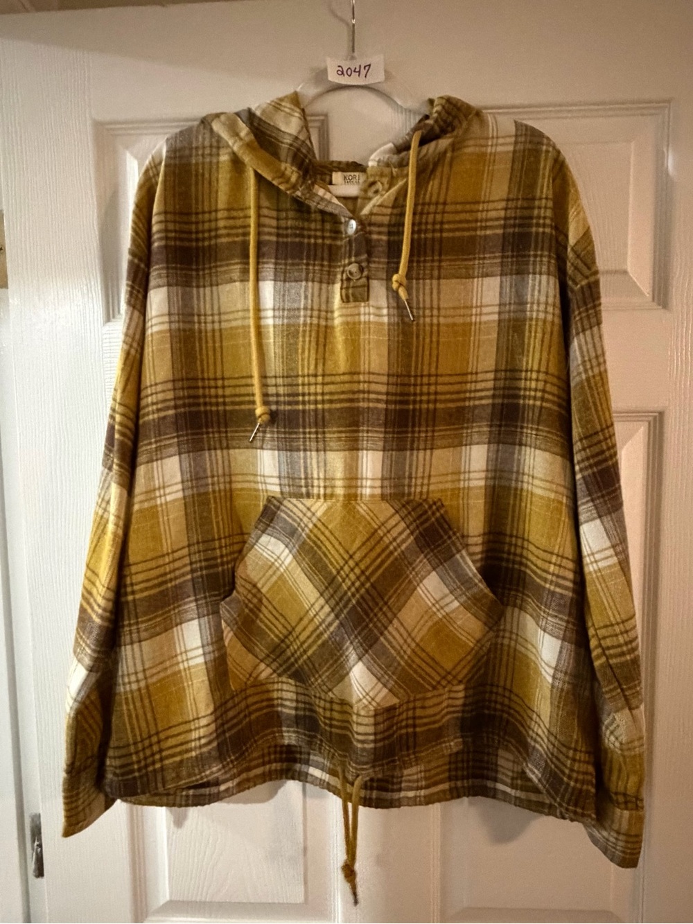 Kori America Mustard Brown Plaid Hooded Pullover with Kangaroo Pocket